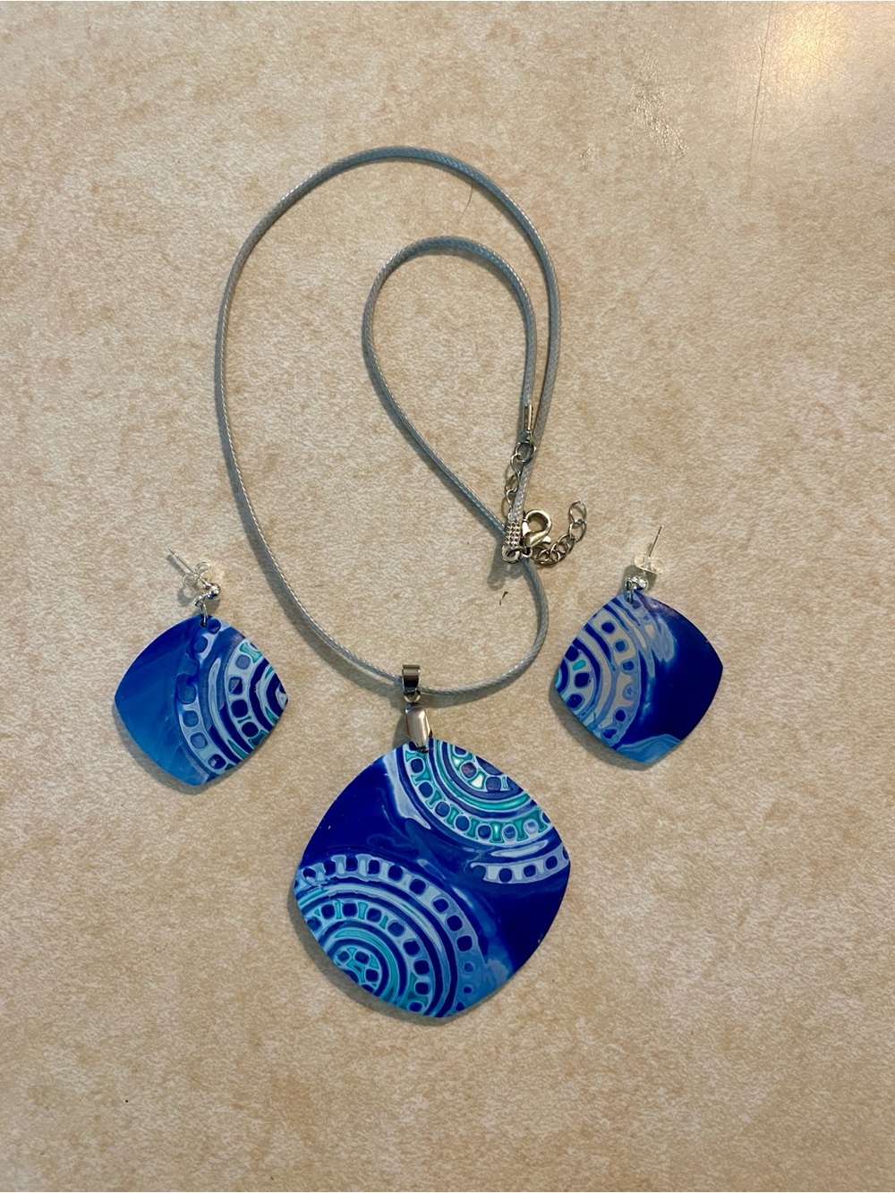 Hand-Painted Blue Pattern Teardrop Necklace & Earring Set